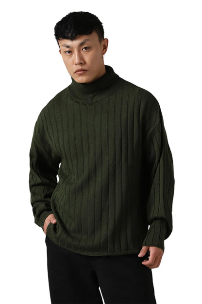 Hubberholme Men Acrylic Knitted Oversized Fit Turtle Neck Full Sleeves Sweaters 2 Olive