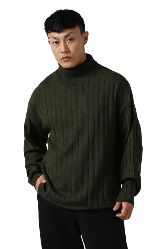 Hubberholme Men Acrylic Knitted Oversized Fit Turtle Neck Full Sleeves Sweaters 2 Olive