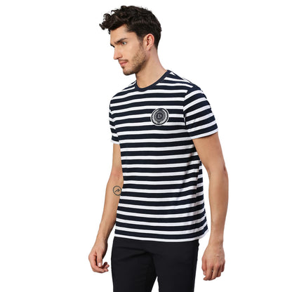 Dennis Lingo MenS Pure Cotton Striped Half Sleeves Casual T-Shirt (Navy)