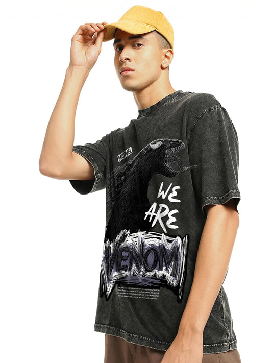 Bewakoof Official Marvel Merchandise Venom Mens Graphic Print Oversized Fit Half Sleeve Round Neck Cotton Acid Wash T-Shirt_652