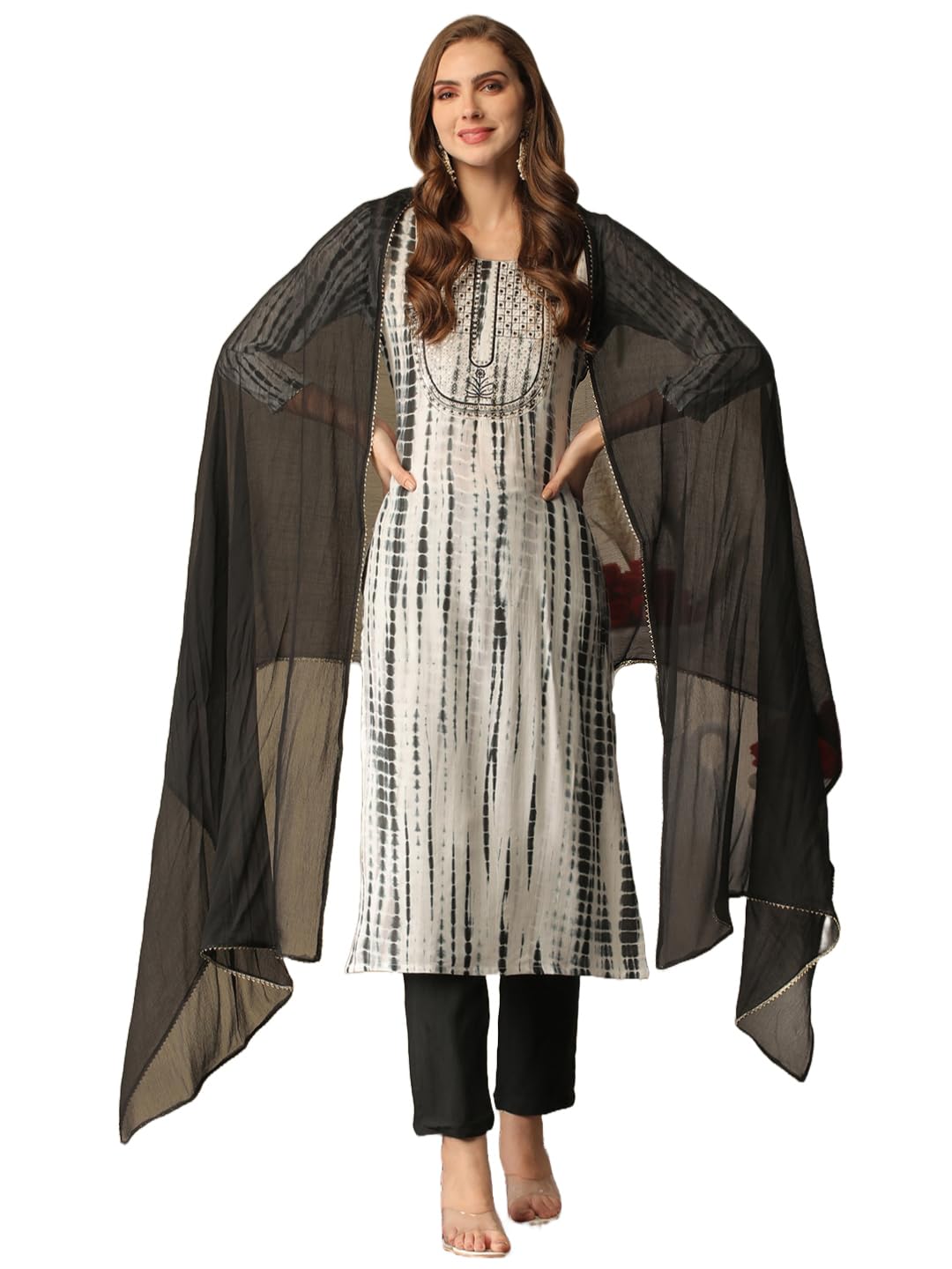 ANNI DESIGNER Ladies Rayon Blend Dupatta Kurta Trousers, Black, S