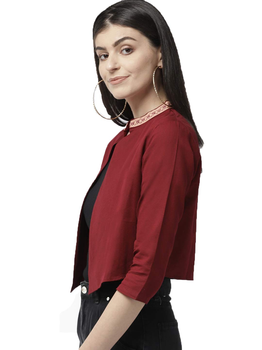 Style Quotient Women Solid Black Cotton Smart Casual Crop Shrug