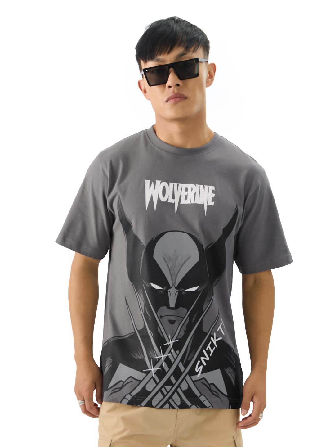 The Souled Store Official Wolverine: Clawed Men and Boys Short Sleeve Round Neck Grey Graphic Printed Cotton Oversized T-Shirt