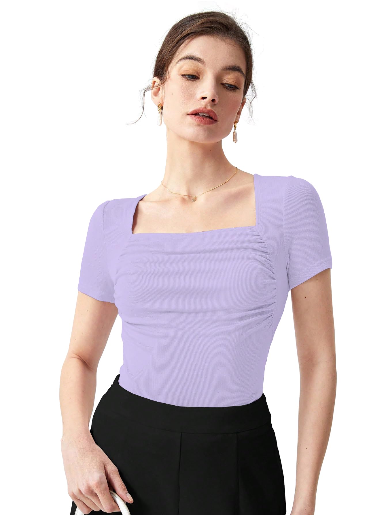 Shasmi Womens & Girls Purple Womens Summer Square Neck Solid Color Ruched Tee Workwear Pleated Casual t-Shirt for Women (Top