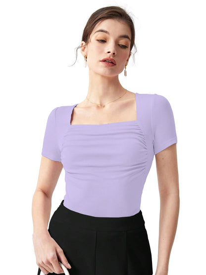 Shasmi Womens & Girls Purple Womens Summer Square Neck Solid Color Ruched Tee Workwear Pleated Casual t-Shirt for Women (Top