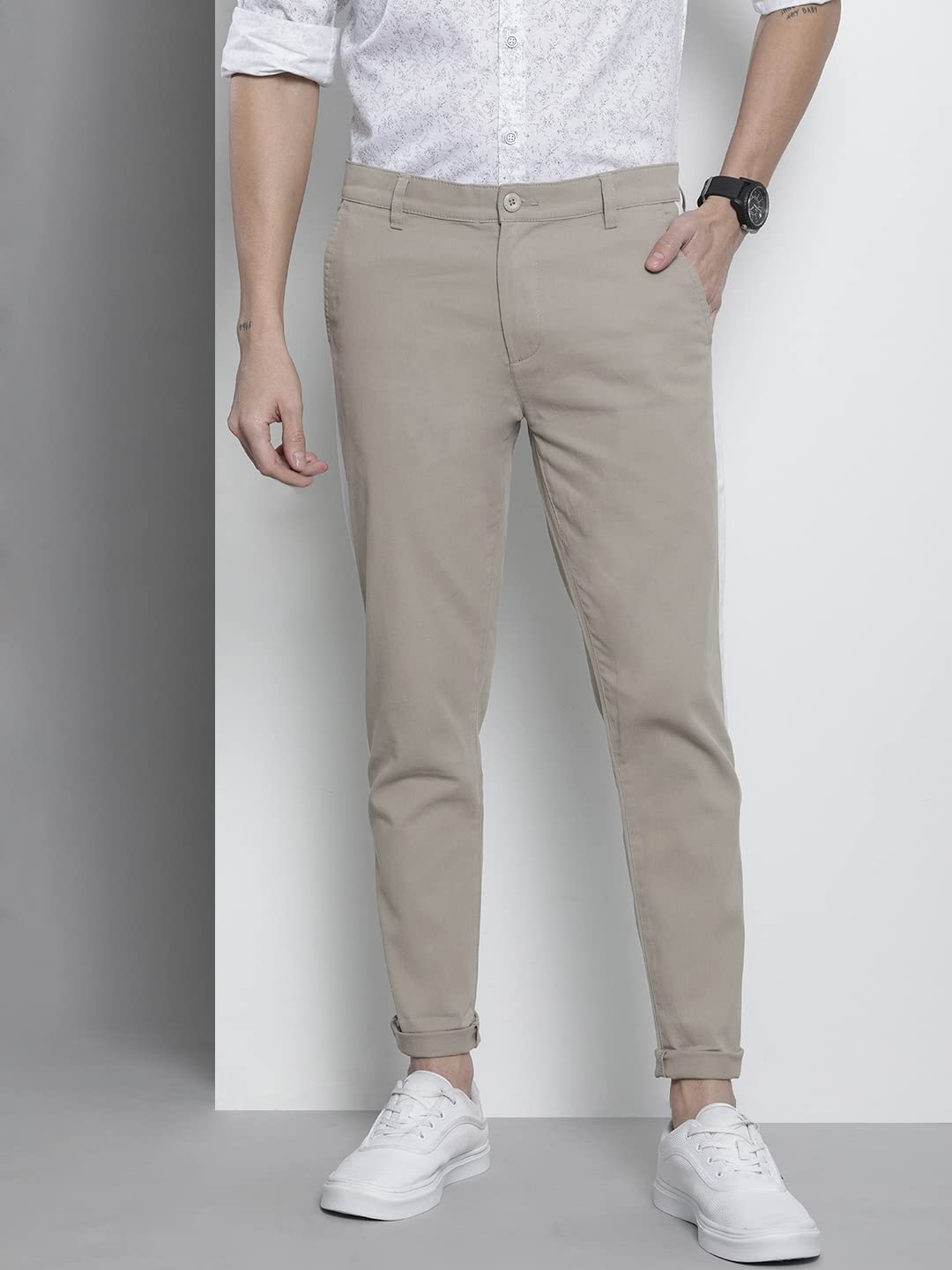 The Indian Garage Co Men Slim Fit Colourblocked Mid-Rise Stretchable Chinos Cloud Grey