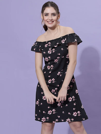 Oomph! WomenS Western & Fusion Wear Mini/Short A-Line Black Dress In Crepe Fabric With Off Shoulder And Off Shoulder Sleeve - M