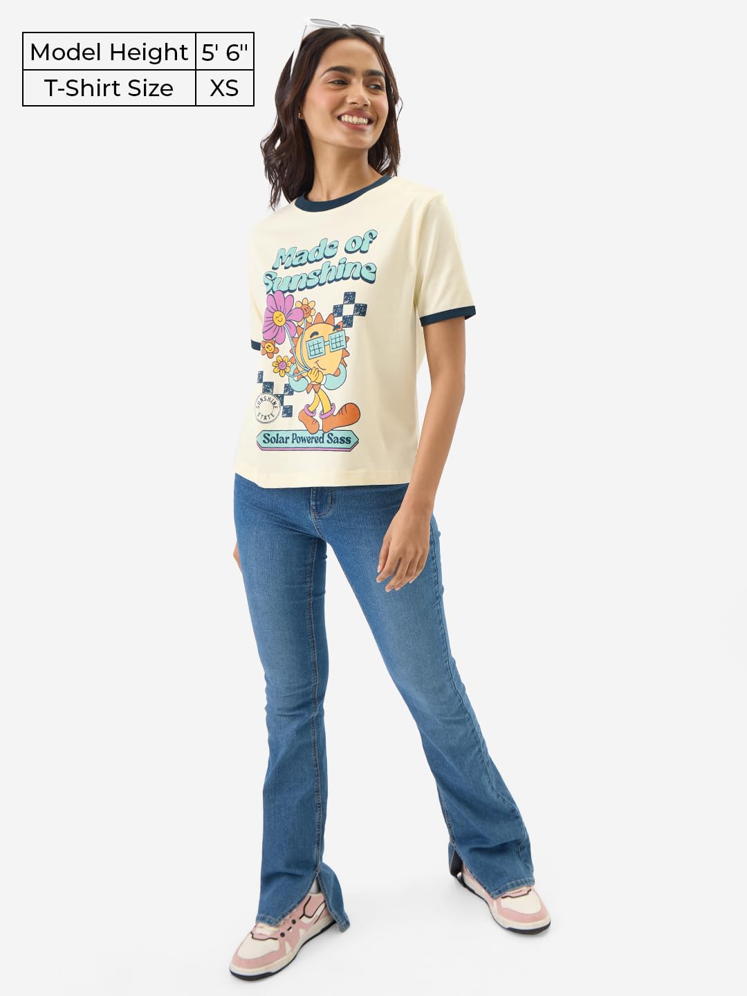 The Souled Store Made of Sunshine Women and Girls Short Sleeve Round Neck Yellow Graphic Printed Regular Fit Cotton T-Shirts