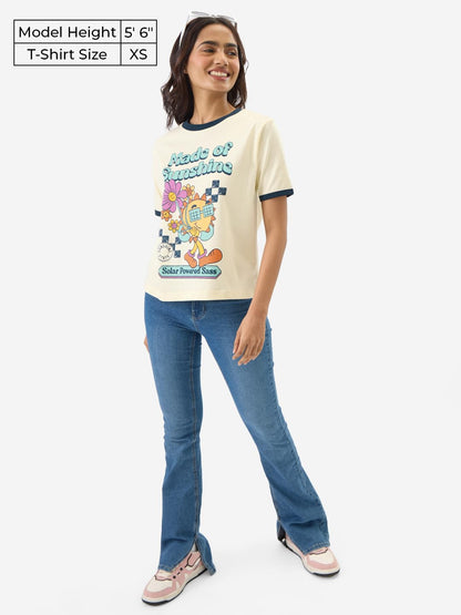 The Souled Store Made of Sunshine Women and Girls Short Sleeve Round Neck Yellow Graphic Printed Regular Fit Cotton T-Shirts