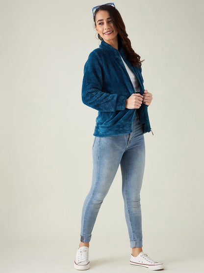Modeve Women Solid Full Sleeve Jacket For Winter Blue Jacket For Winter