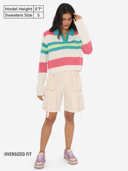 The Souled Store Lemonade Women and Girls Long Sleeves Collared Neck Multicolor Colourblocked Acrylic Oversized Cropped Sweaters