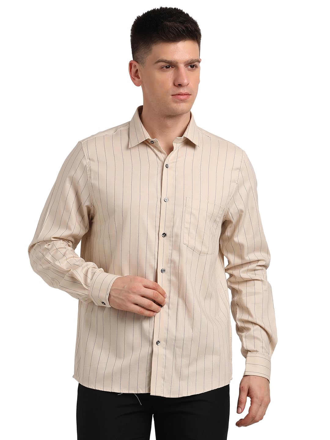 Turtle Men 100% Cotton Beige Striped Slim Fit Full Sleeve Formal Shirt