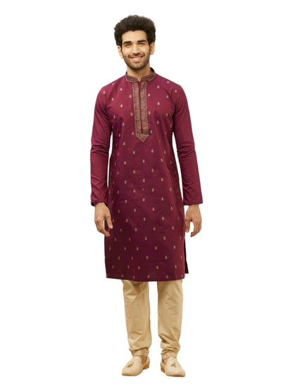 Manyavar Mens Maroon Blended Cotton Embroidered Kurta Pyjama Set