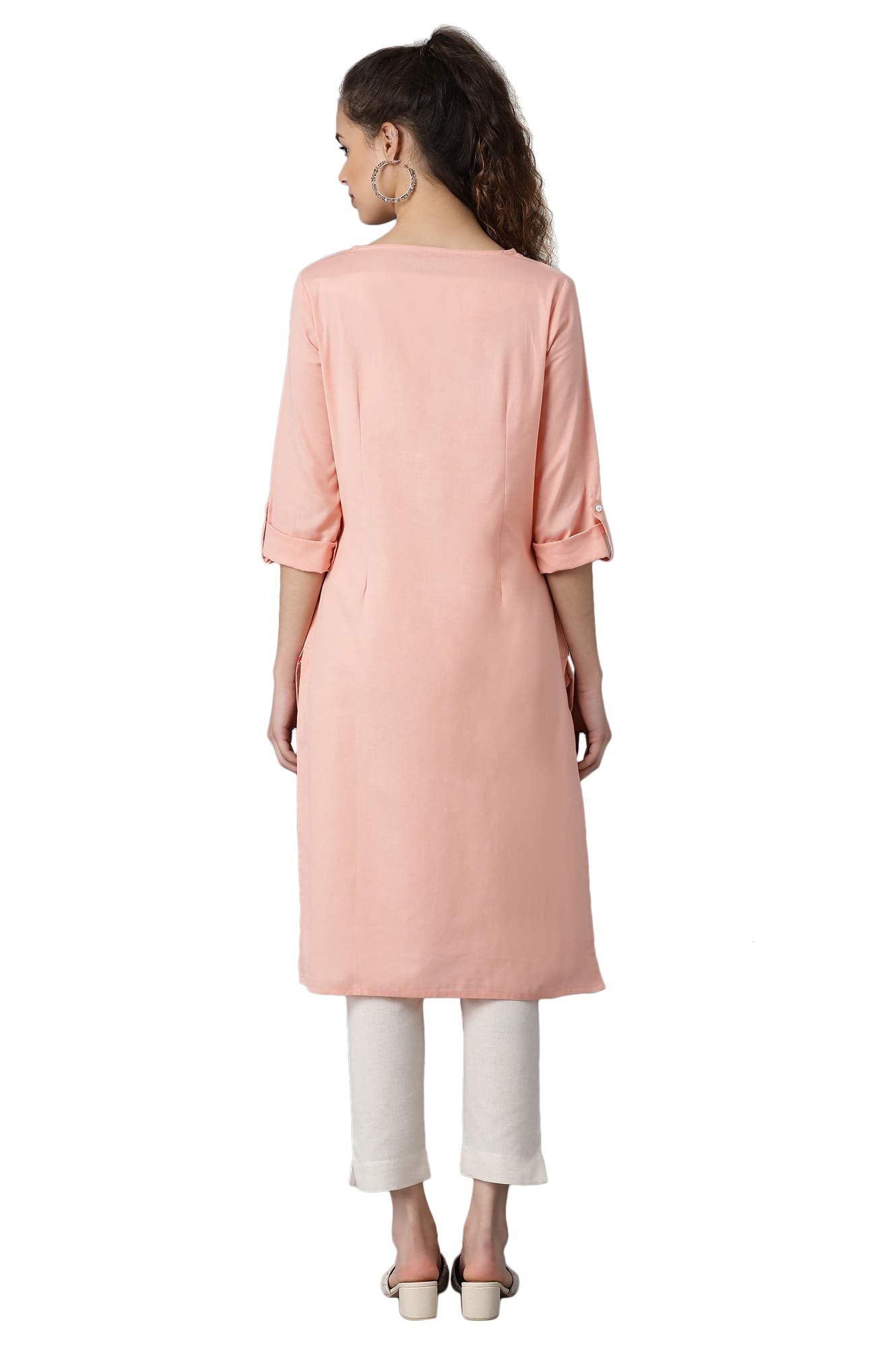 W for Woman Women's Cotton Straight Fit Straight Round Neck Solid Kurta