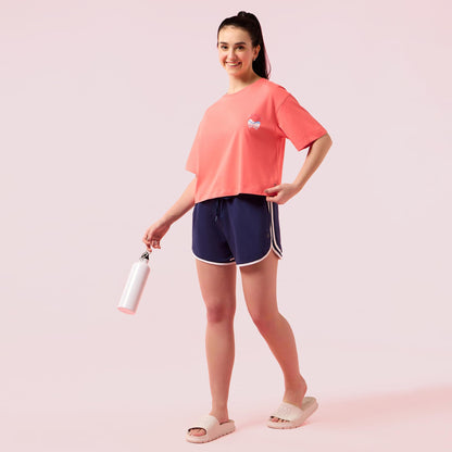 Enamor Womens Graphic Oversized Fit T-Shirt (E3G5_Coralpink Sunrise