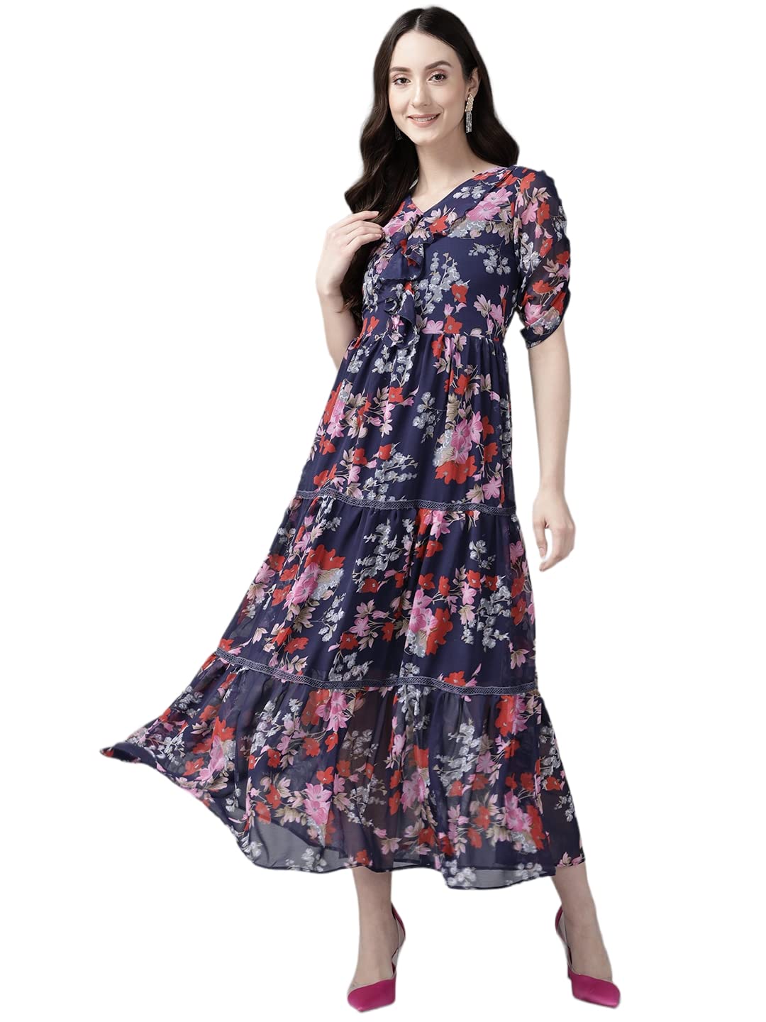 Aarika Women'S Georgette A-Line Maxi Dress (Dr-Aw-006_Navy Blue