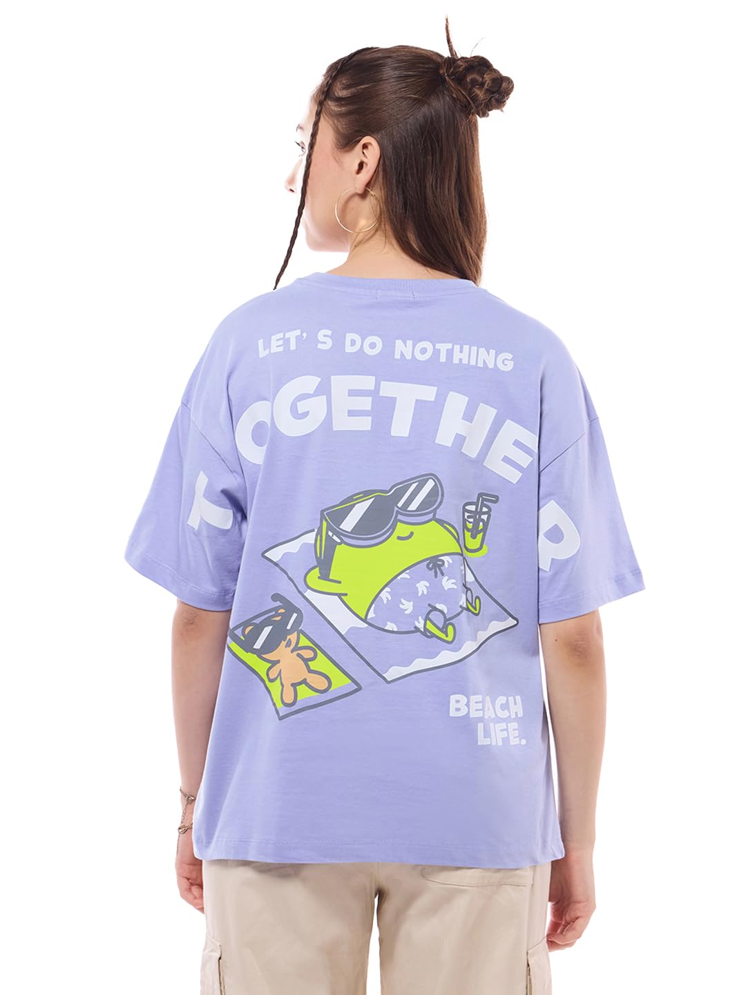 Bewakoof Official Minions Merchandise Womens Graphic Printed Oversized Fit Half Sleeve Round Neck Cotton Jersey T-Shirt_642107_