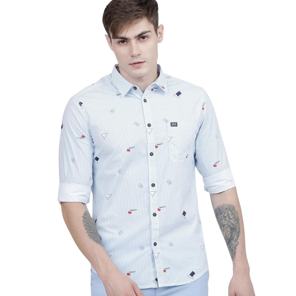 The Indian Garage Co Men Blue Striped Slim Fit Cotton Casual Shirt