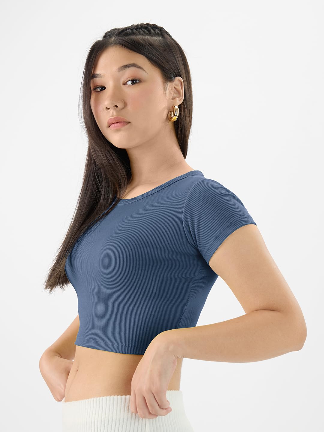 The Souled Store Solids: Deep Blue Short Sleeve Round Neck Slim Fit Cropped Tops for Women and Girls - Trendy Statement Pieces f