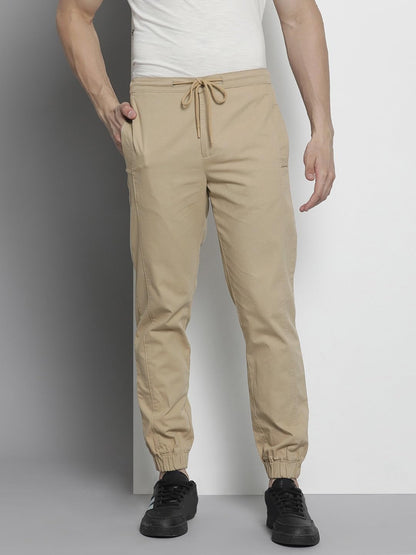 The Indian Garage Co Men Regular Fit Solid Mid-Rise Woven Joggers Khaki