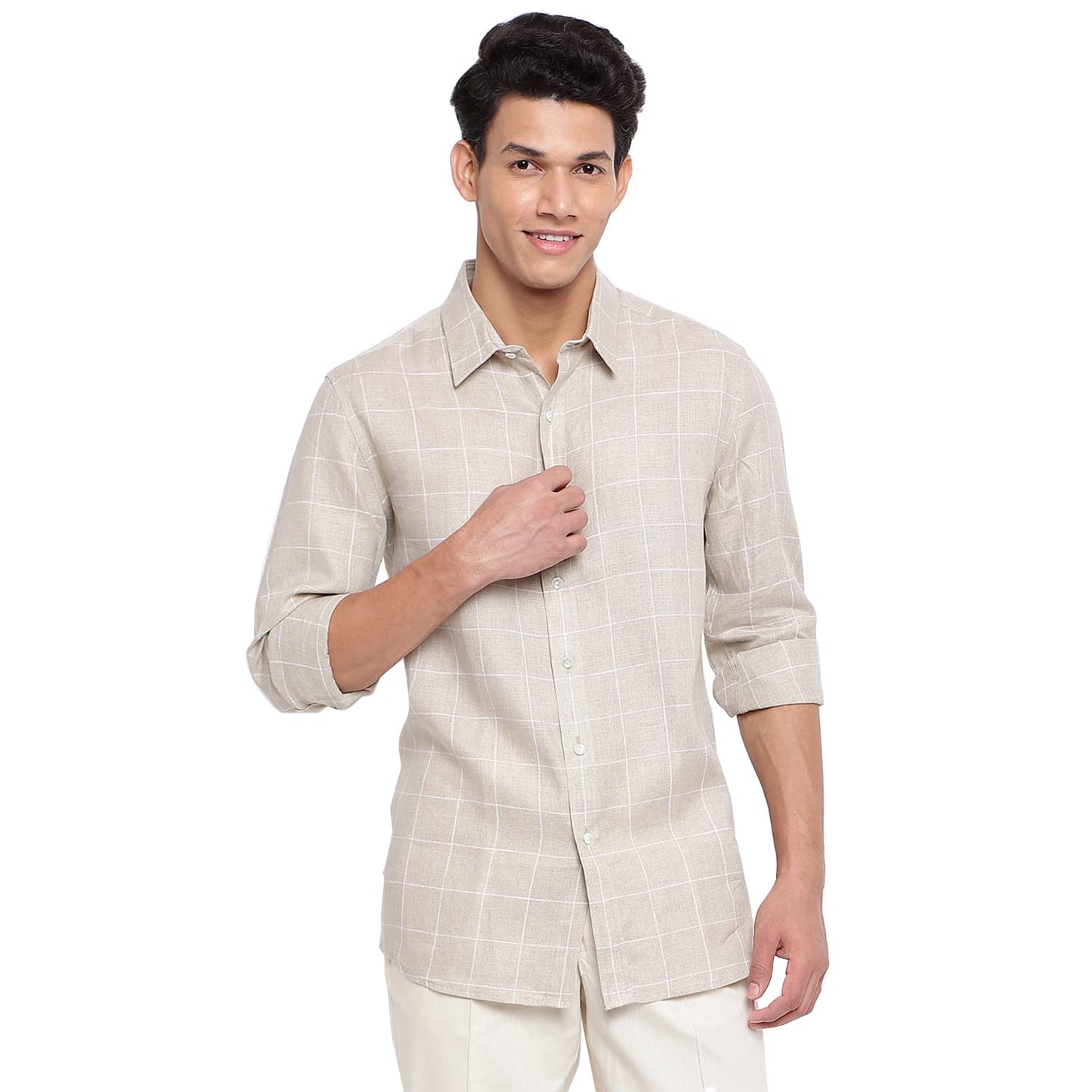 Fabindia Men Comfort Fit Casual Shirt Linen_S Beige