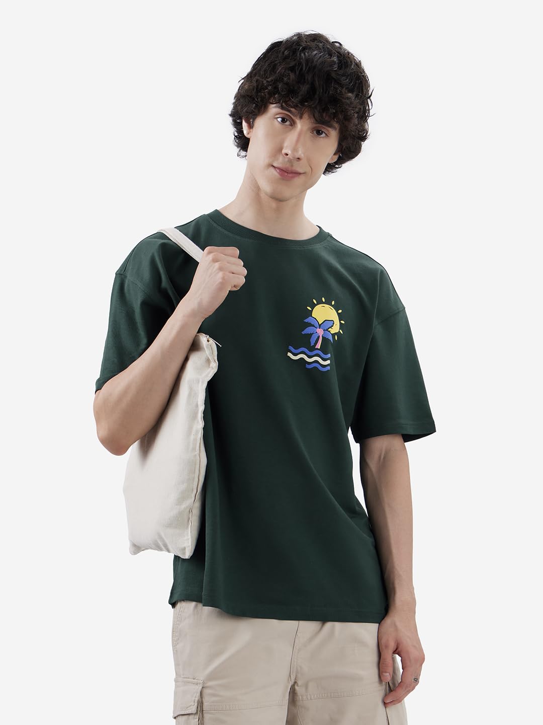 The Souled Store at The Beach Men and Boys Short Sleeves Round Neck Green Graphic Printed Cotton Oversized T-Shirts