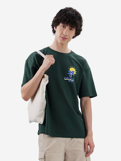 The Souled Store at The Beach Men and Boys Short Sleeves Round Neck Green Graphic Printed Cotton Oversized T-Shirts