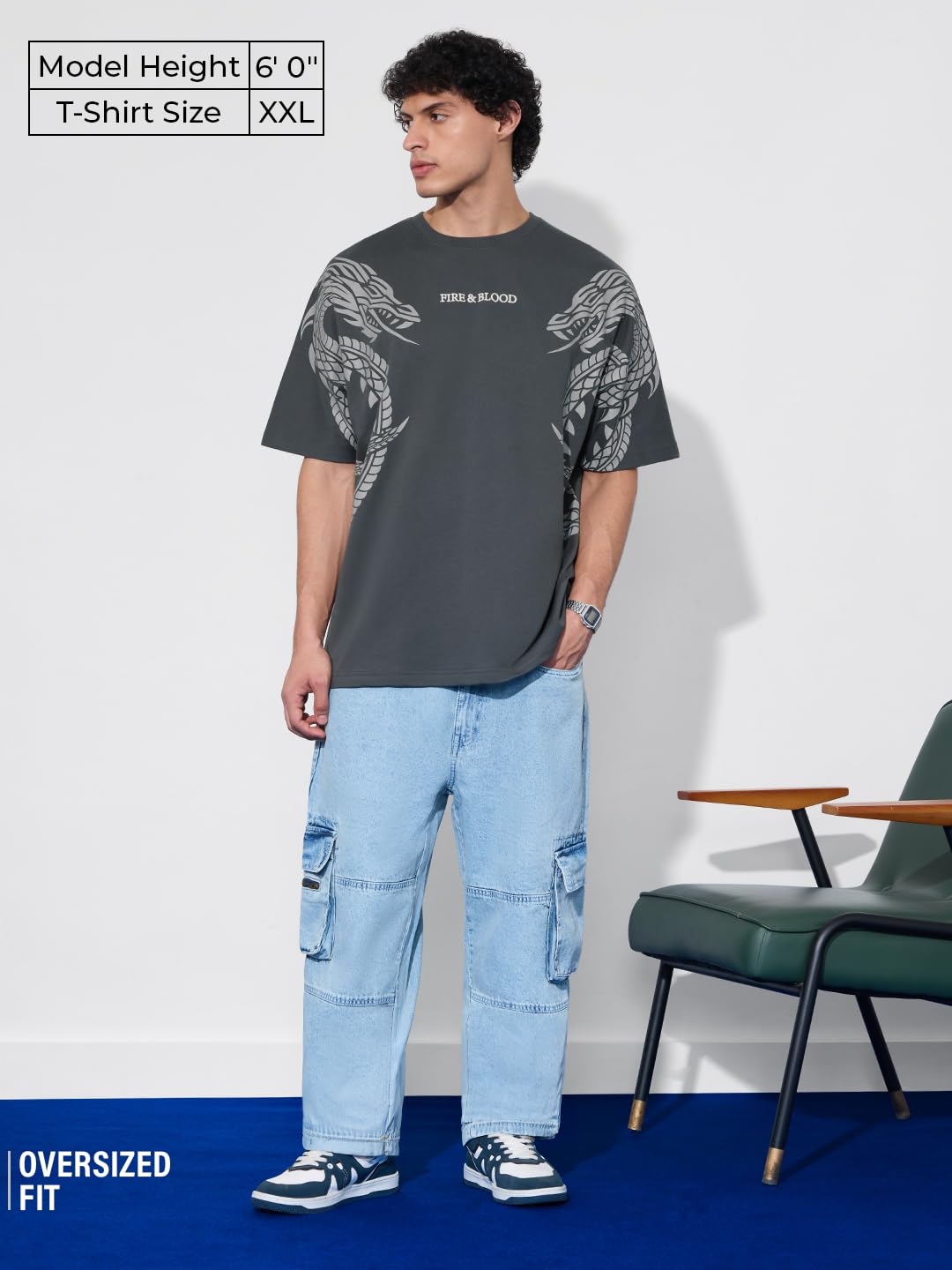 The Souled Store House of The Dragon: Fire & Blood Men and Boys Short Sleeves Round Neck Grey Graphic Printed Cotton Oversized T