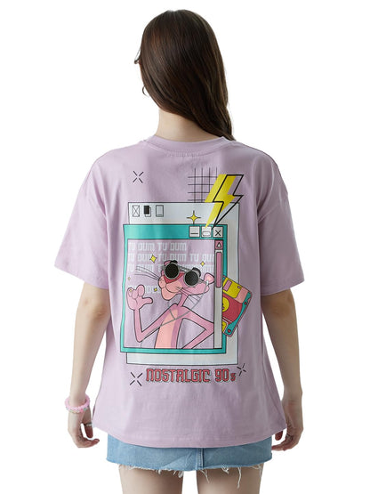 The Souled Store Official Pink Panther: Nostalgic Womens and Girls Oversized fit Graphic Printed Half Cotton Lavender Color Wome