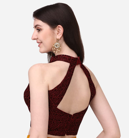 Pujia Mills WomenS Maroon Sleeveless Blouse For Women Halter Neck Chickenkari Sequins Work Readymade Saree Blouse (Diamond Halt