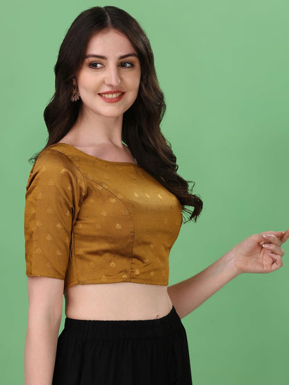 Oomph! WomenS Indian Ethnic Wear Designer Leaf Pattern Boat Neck Half Sleeve Brocade Brown Blouse For Saree Or Lehnga And Blous