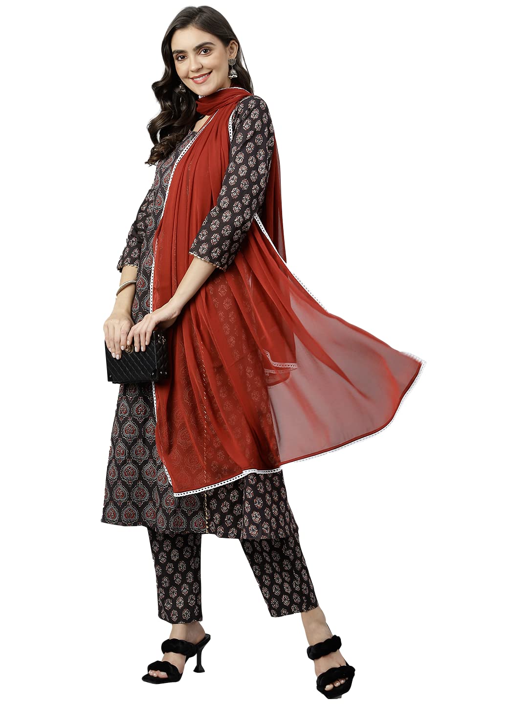 ANNI DESIGNER Womens Cotton Blend Kurta with Palazzo & Dupatta (Skanky_Brown_S)