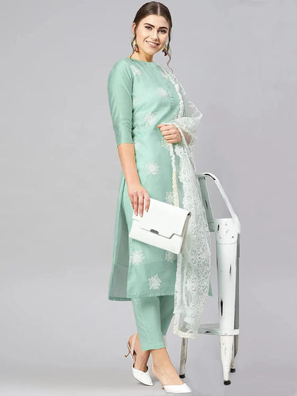 Gosriki WomenS Ruby Cotton Straight Embroidery Kurti With Pant & Dupatta Set (White-Show-Light Green-Nw_M-Gs_Light Green_Medium