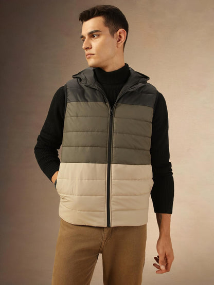 Dennis Lingo Men Regular Fit Ployseter Colorblock Sleeveless Hooded Padded Jackets