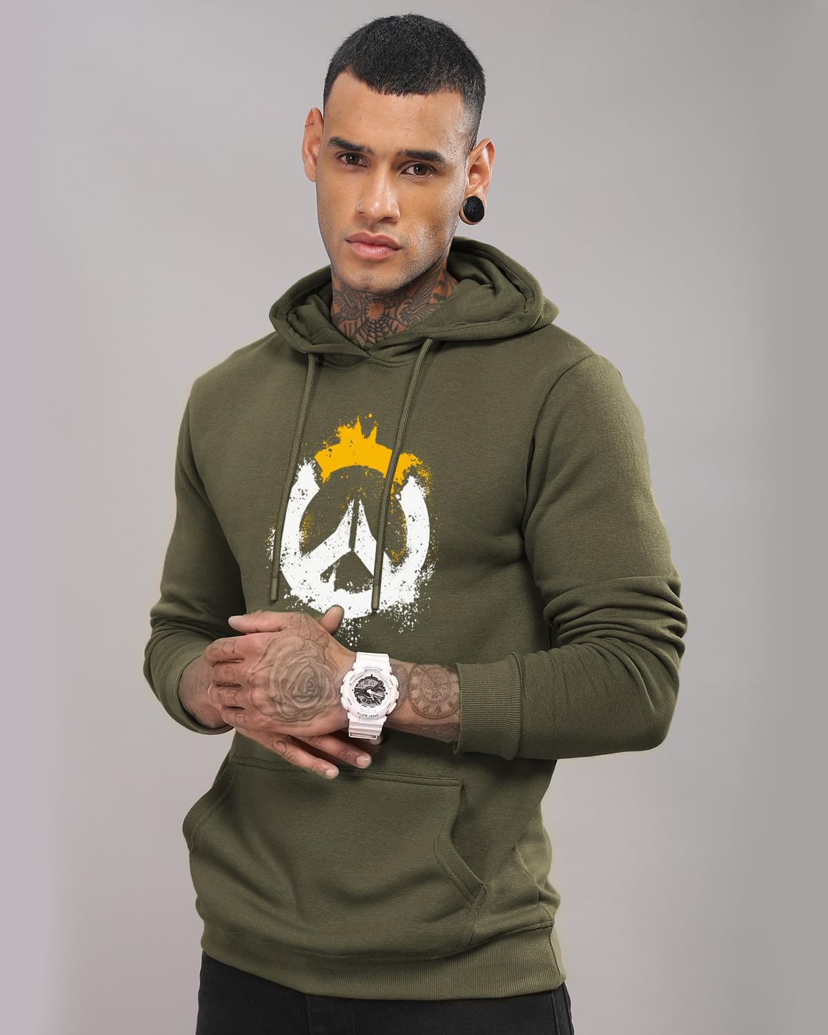ADRO Men's Cotton Neck Hooded Sweatshirt (H20-M-PC-OL_Olive)