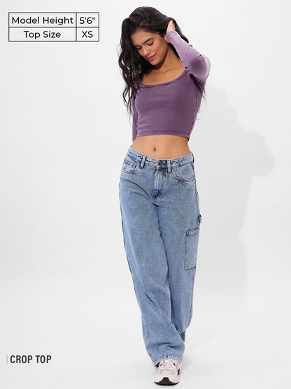 The Souled Store Solids: Dark Lavender Short Sleeve Round Neck Slim Fit Cropped Tops for Women and Girls - Trendy Statement Piec