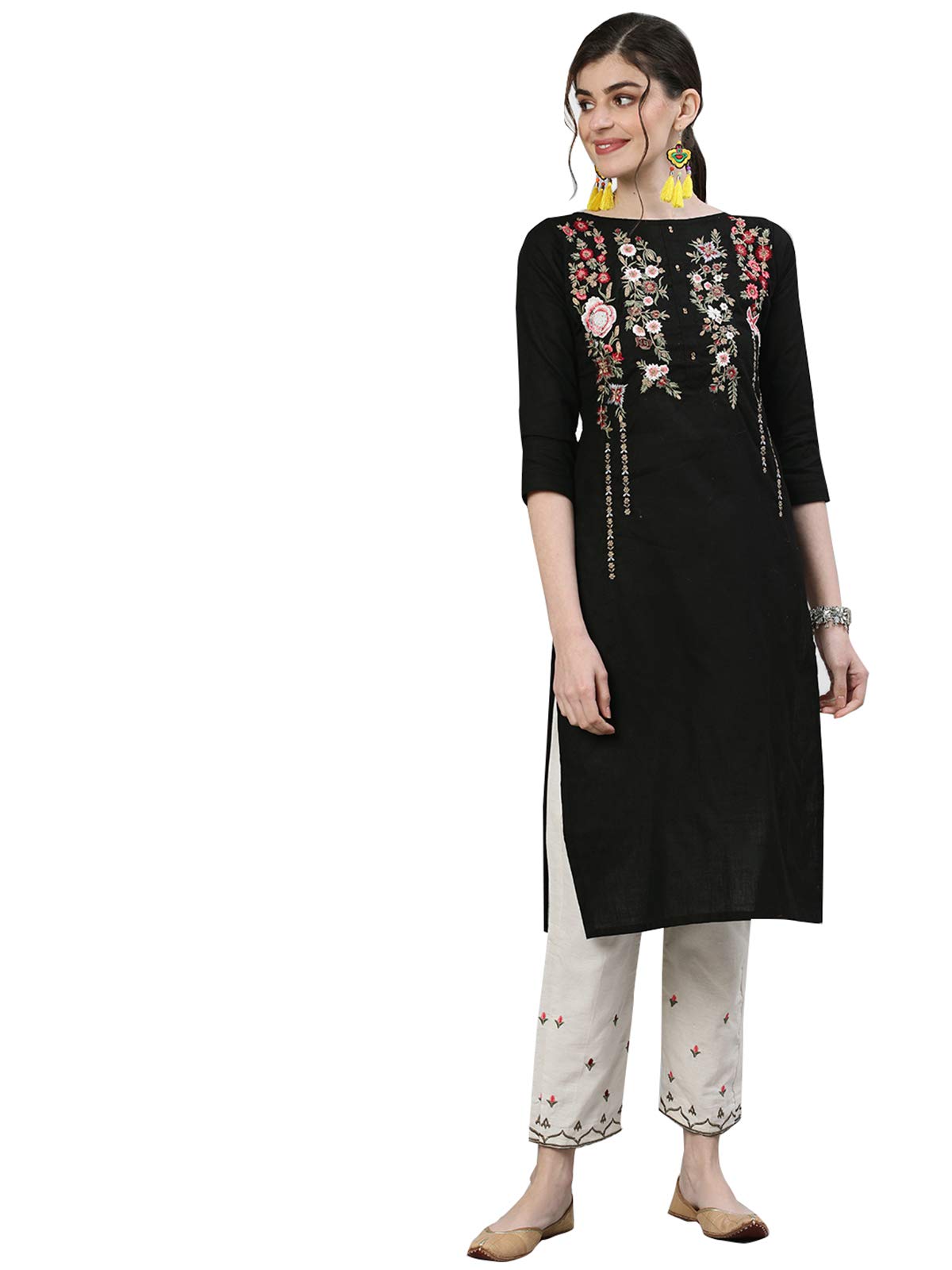 ishin Women's Pure Cotton Straight Embroidered Thread Work Floral Print Black Kurta Suit Set with Trouser