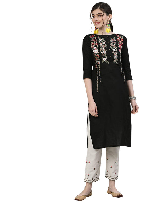 ishin Women's Pure Cotton Straight Embroidered Thread Work Floral Print Black Kurta Suit Set with Trouser