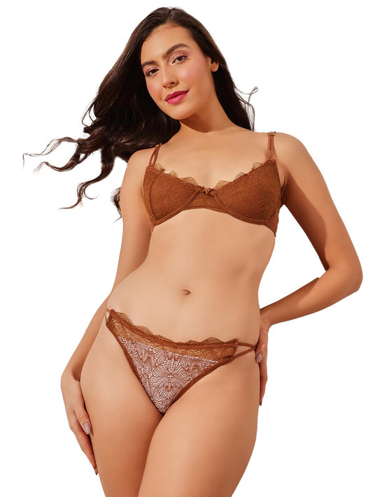 Clovia Womens Non-Padded Underwired Lace Bra & Lace Bikini Set (BP0153P16_Orange_36B)