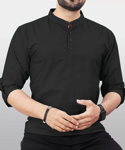 Deemoon MenS Regular Fit Solid Sprad Collar Casual Shirt With A Trendy Mandarin Collar Crafted From A Premium Cotton Blend Blac