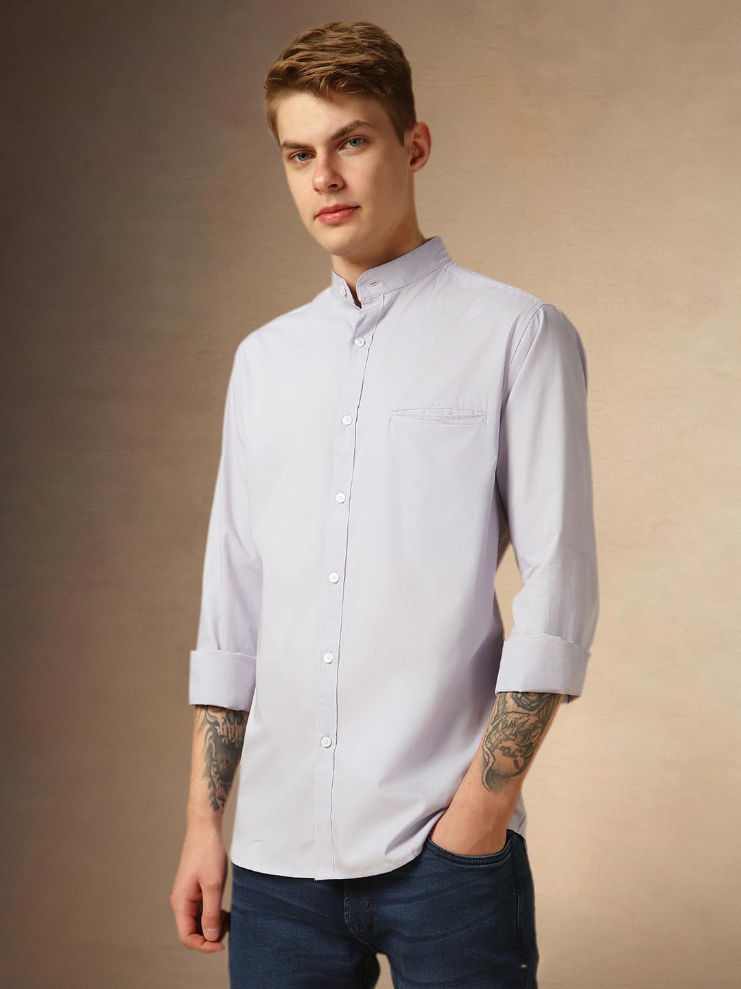 Dennis Lingo MenS Lilac Full Sleeve Mandarin Collar Solid Regular Fit Casual Shirt