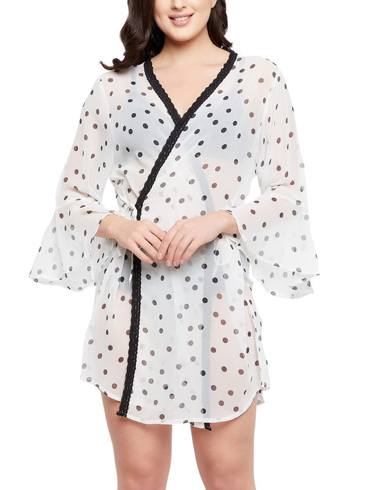 Clovia Womens Georgette Print Me Pretty Sheer Robe (NS1292P18_White_S)