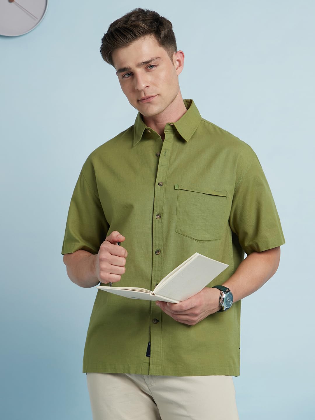 Dennis Lingo Men Cotton Relaxed Fit Textured Shirts Green