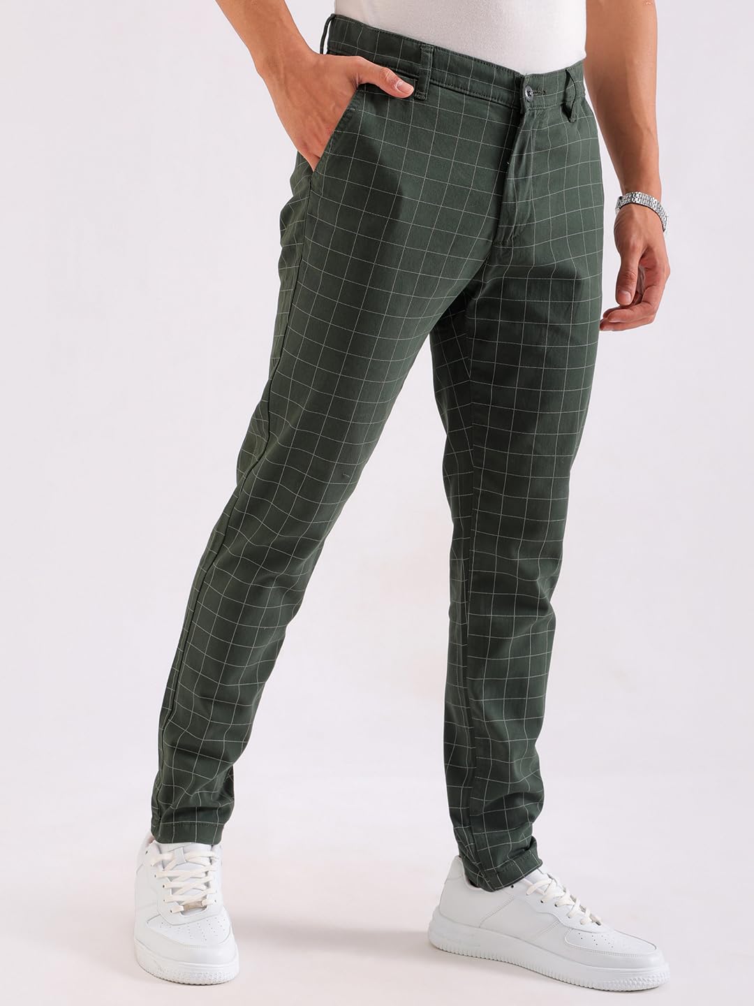 The Indian Garage Co Men Slim Fit Checked Mid-Rise Stretchable Chinos Jungle Green