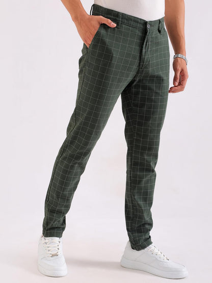 The Indian Garage Co Men Slim Fit Checked Mid-Rise Stretchable Chinos Jungle Green