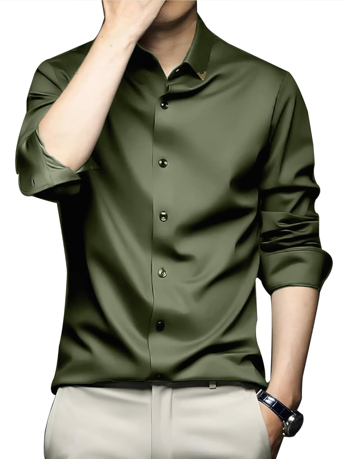 DEELMO Mens Stylish Solid Satin Casual Shirt for Men Full Sleeves| Poly Satin Silk Shirt