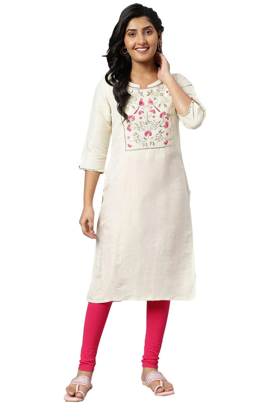 Aurelia Women Off White Viscose Zari Solid Yarn Dyed Straight Kurta