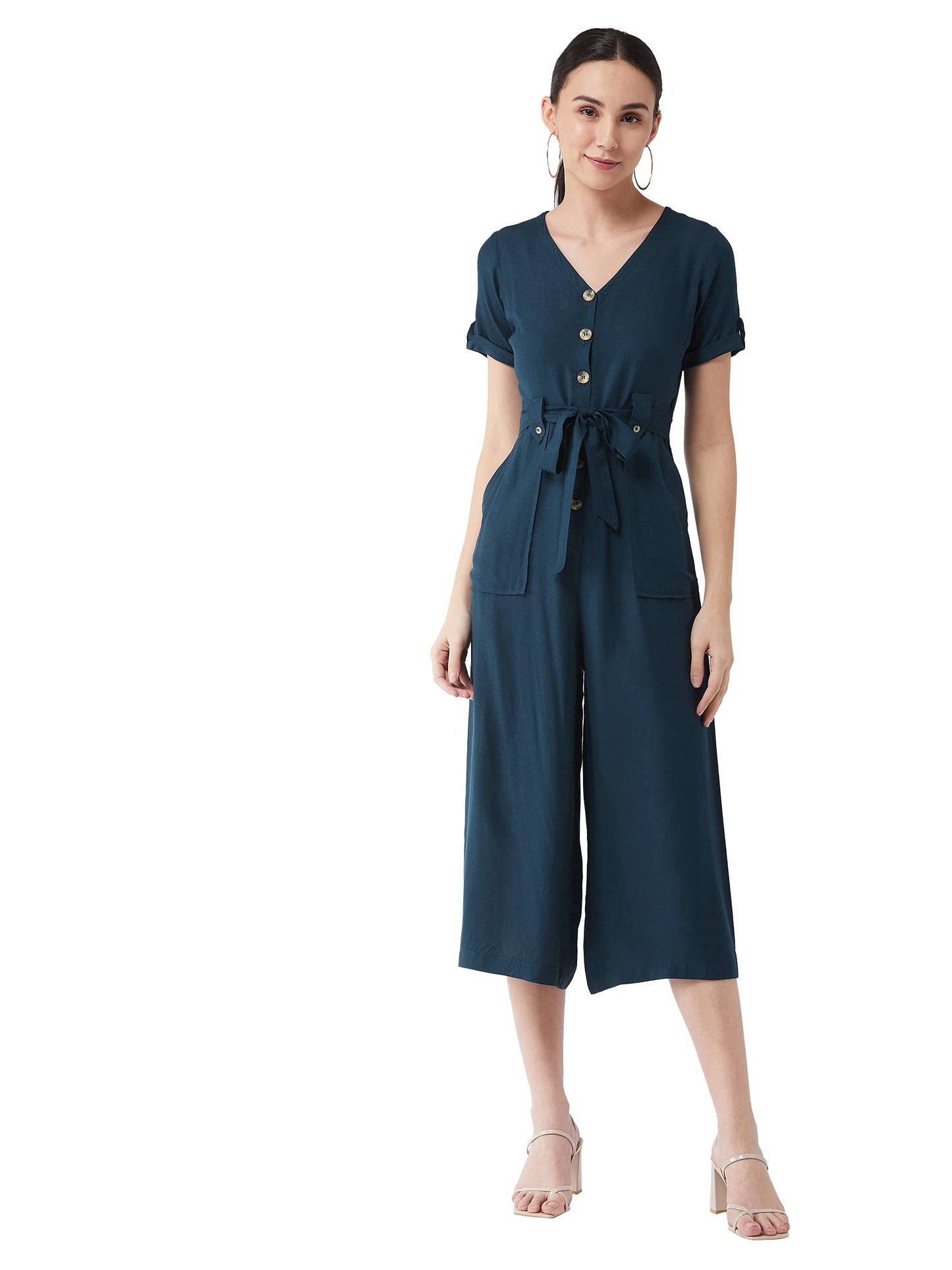 Miss Chase WomenS Blue Solid Rayon Regular Fit V Neck Half Sleeve Crop Length Jumpsuit (Mcss21D04-86-83-02,Teal,Xs)
