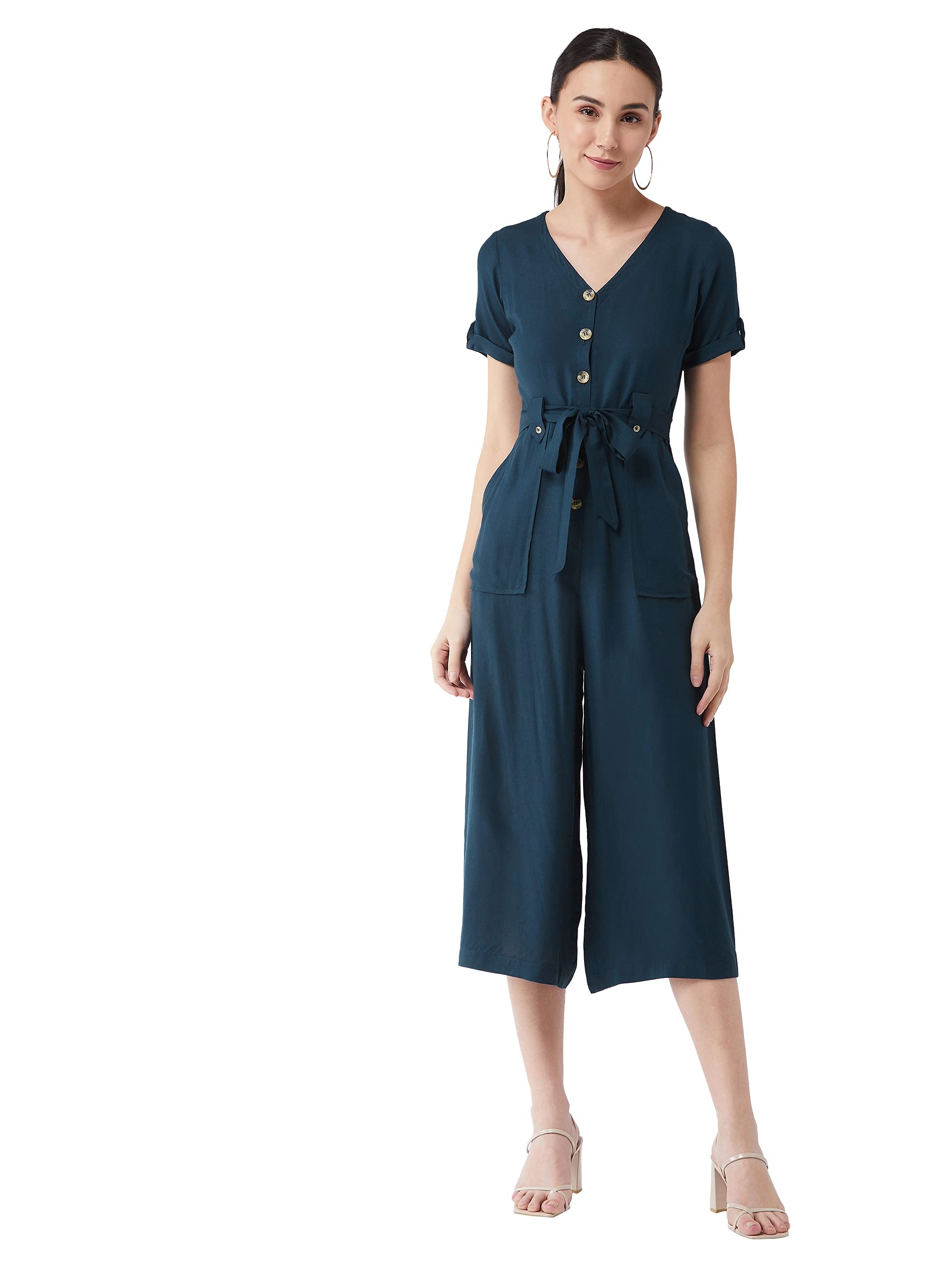 Miss Chase WomenS Blue Solid Rayon Regular Fit V Neck Half Sleeve Crop Length Jumpsuit (Mcss21D04-86-83-02,Teal,Xs)