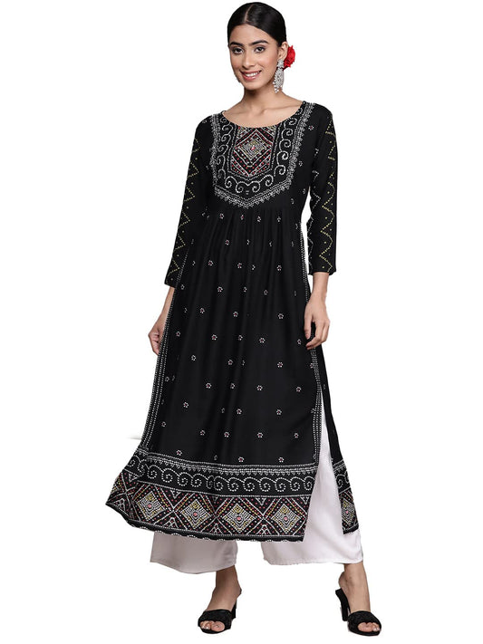 ishin Women's Viscose Rayon Ethnic Motifs Off White Beads and Stones A-Line Kurta